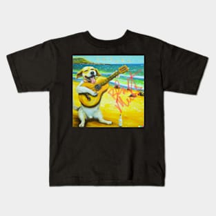 Dog playing guitar on beach Kids T-Shirt